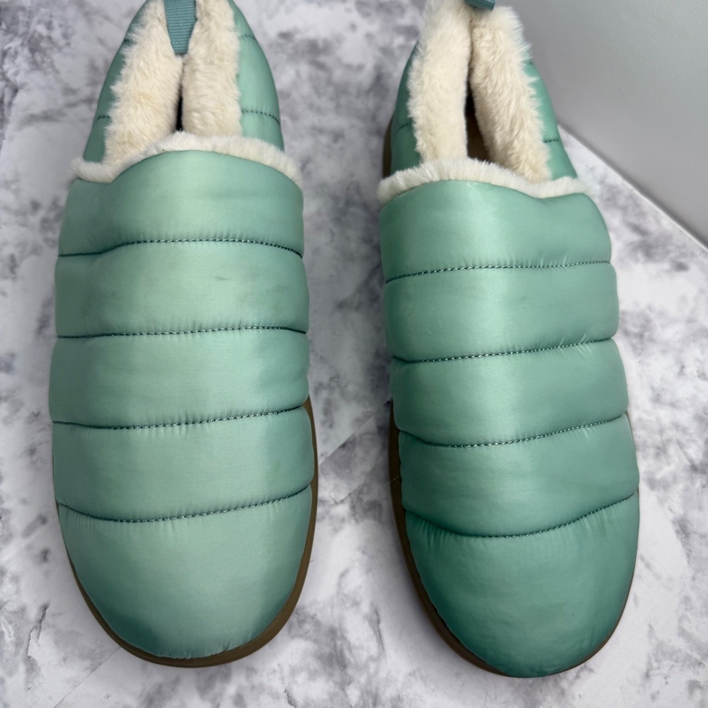 Vionic Womens Puffer Slippers Seafoam Green Quilted Faux Fur‎ Lining Size 8